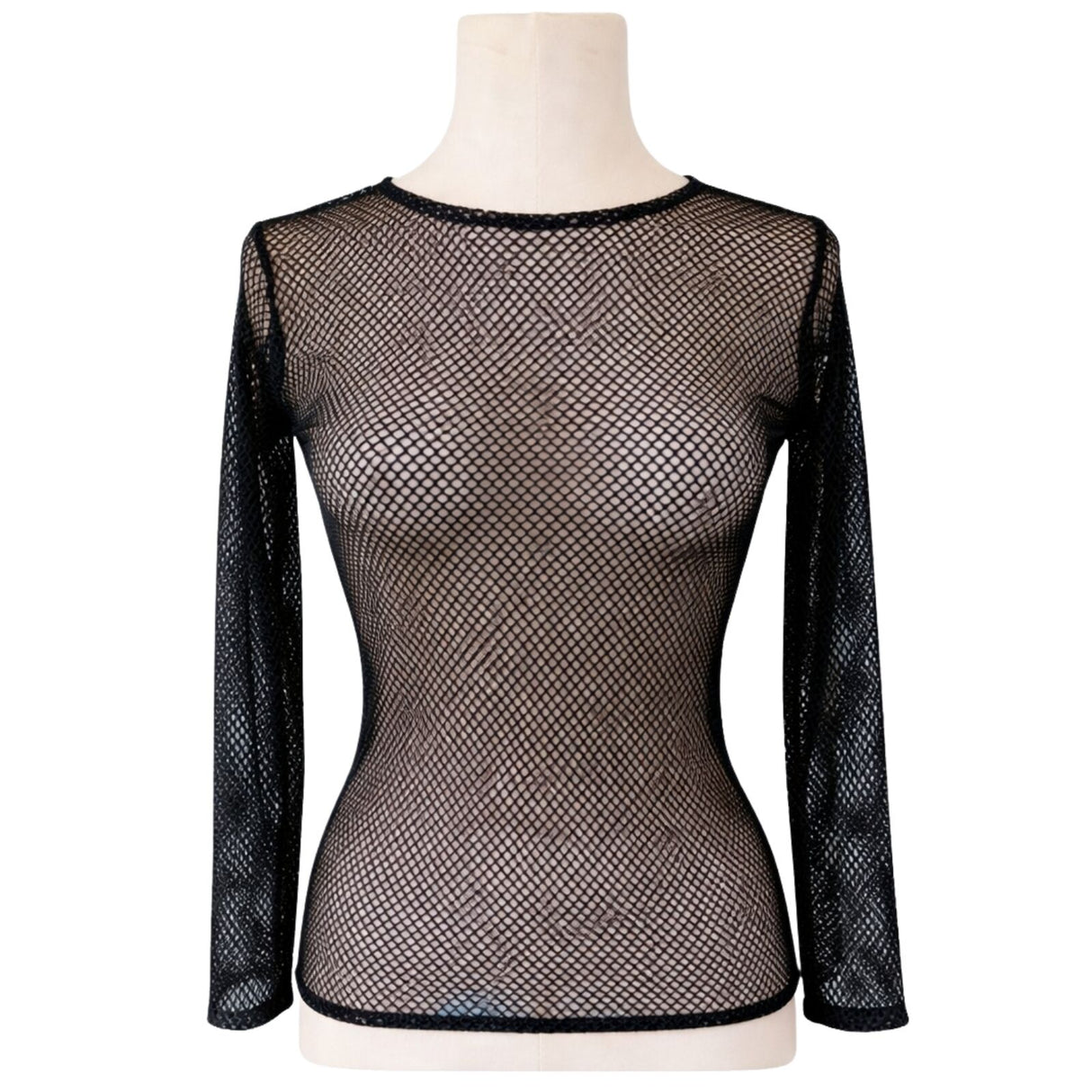 Womens Black Fishnet Mesh Long Sleeve Sheer Top - See Through Party Costume