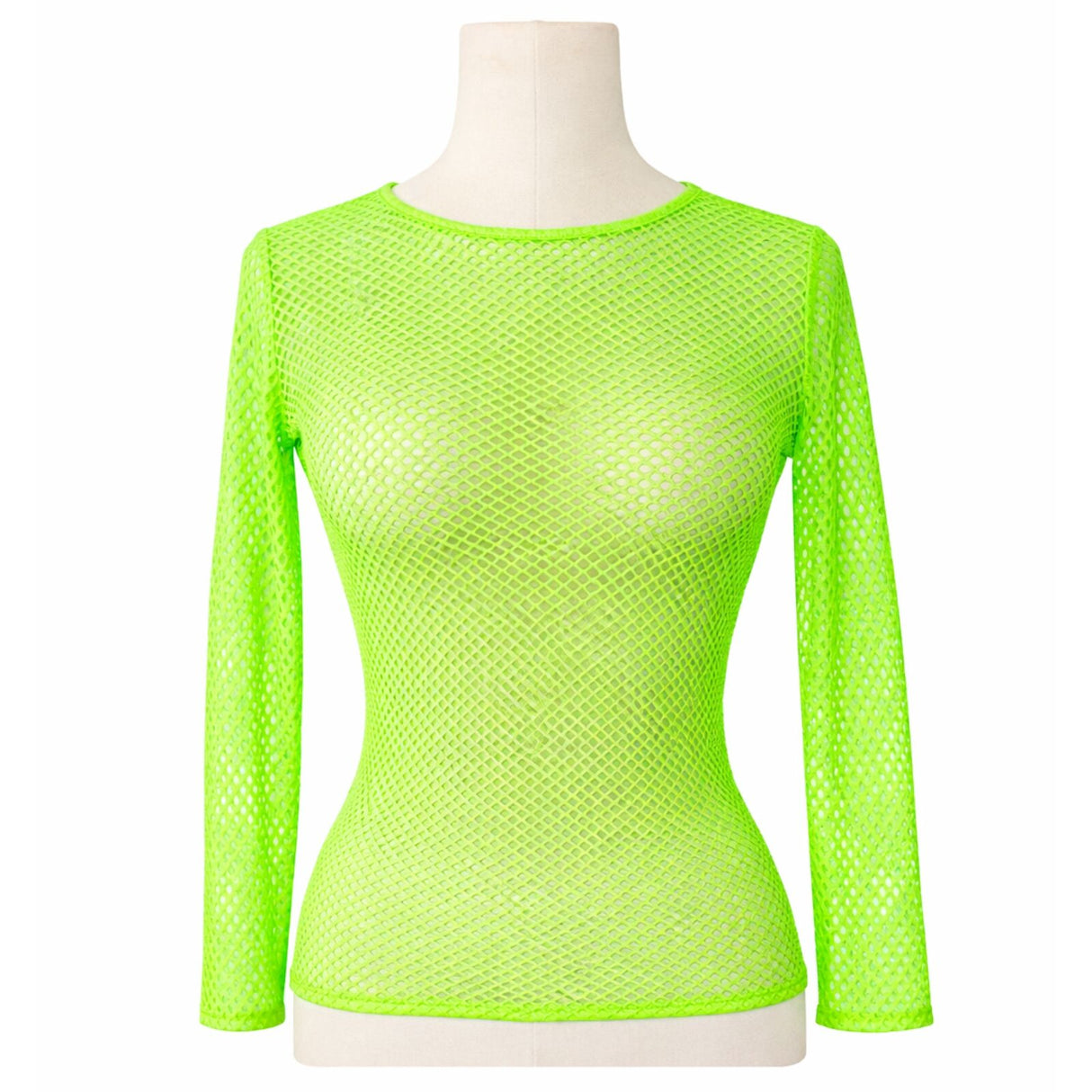 Womens Fluro Green Fishnet Mesh Long Sleeve Sheer Top - See Through Party Costume