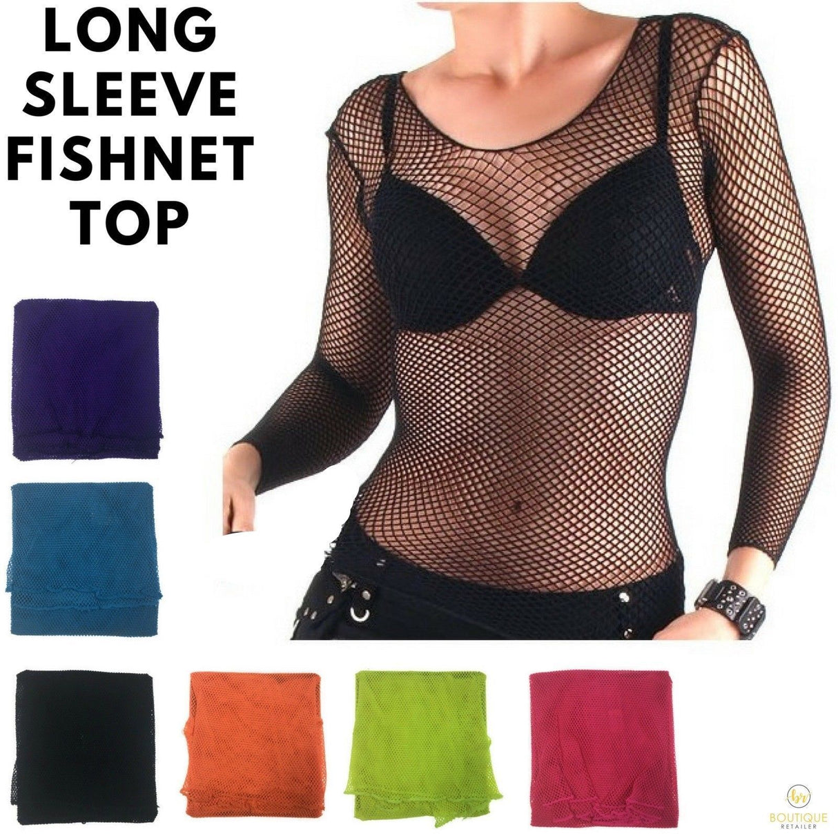 LONG SLEEVE FISHNET TOP Blouse T Shirt Tee Costume Party See Through - Blue