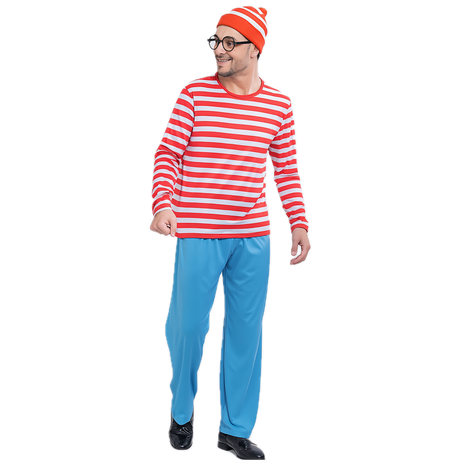 Mens Red & White Stripe COSTUME FULL SET Party Hat Shirt Top Pants Book Week Halloween