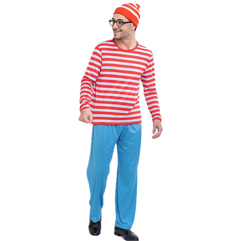 Mens Red & White Stripe COSTUME FULL SET Party Hat Shirt Top Pants Book Week Halloween