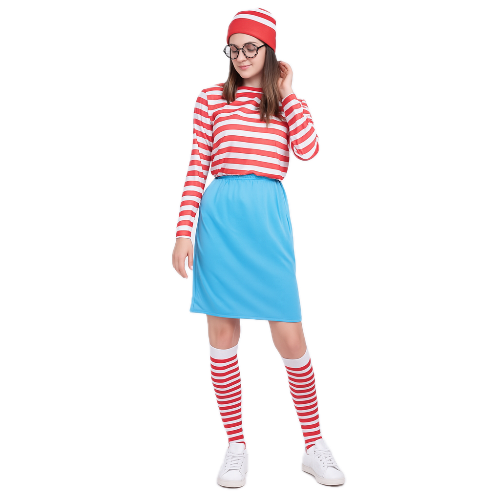 Womens Red & White Stripe Costume Full Set - Hat, Shirt, Top & Pants (Book Week & Halloween Fancy Dress)