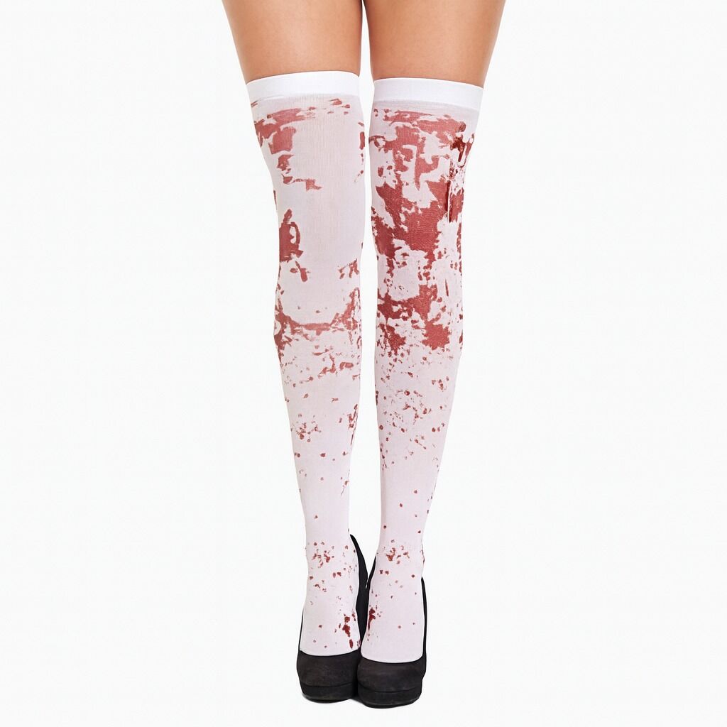 Bloody Over Knee White Socks + Fake Blood Gel Set Halloween Zombie Vampire Party