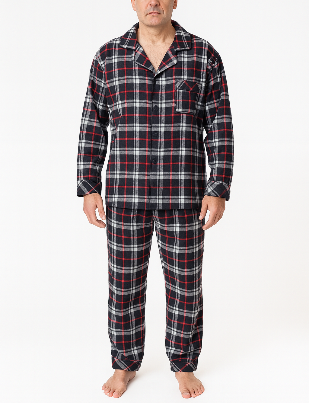 Mens Flannelette Pyjama Set - Red/Black/White Check (100% Cotton Two-Piece Soft PJs)