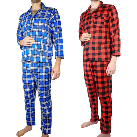 Mens Flannelette Pyjama Set Sleepwear Soft 100% Cotton PJs Two Piece Pajamas - Red