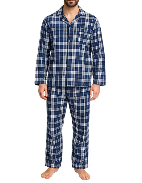 Mens Flannelette Pyjama Set Sleepwear Soft 100% Cotton PJs - Blue & White Check