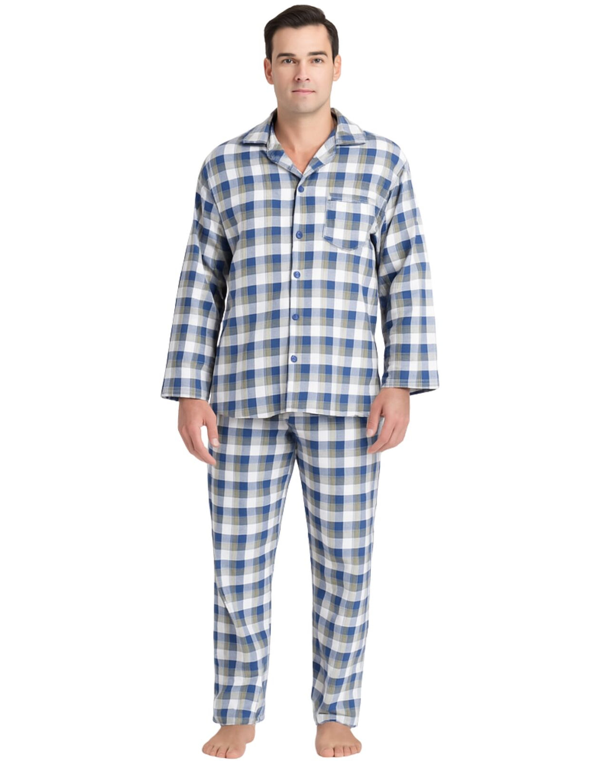 Mens Flannelette Pyjama Set Sleepwear Soft 100% Cotton PJs Two Piece - Light Blue Check