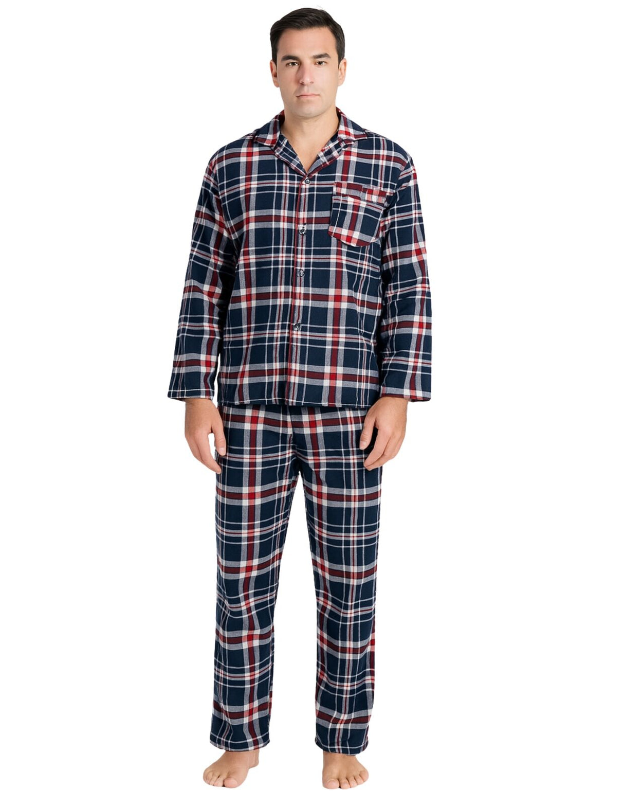 Mens Flannelette Pyjama Set - Navy/Red/White (100% Cotton Two-Piece Soft PJs)