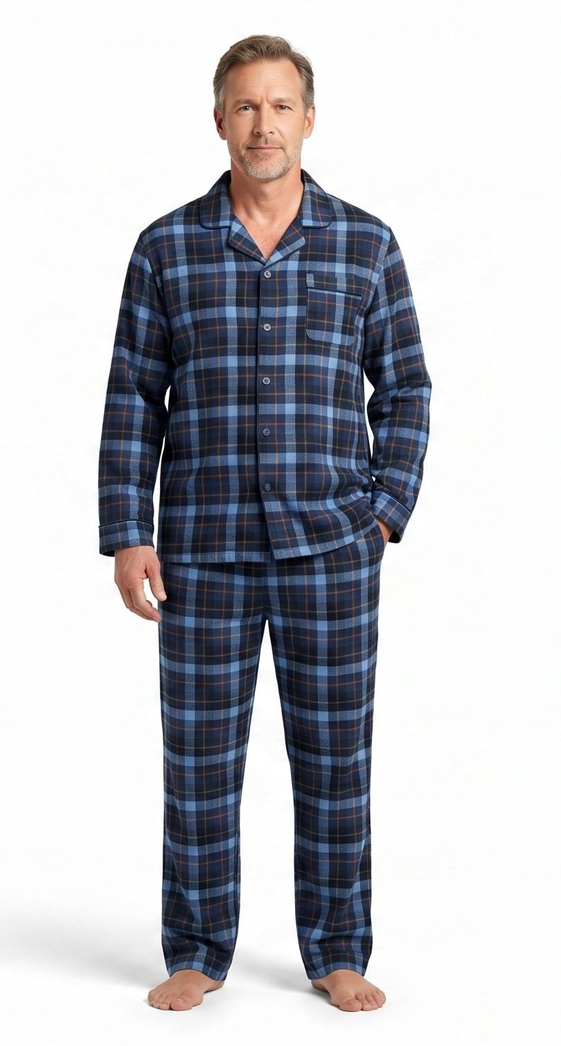 Mens Flannelette Pyjama Set - Navy/Rust (100% Cotton Two-Piece Long Sleeve Soft PJs)