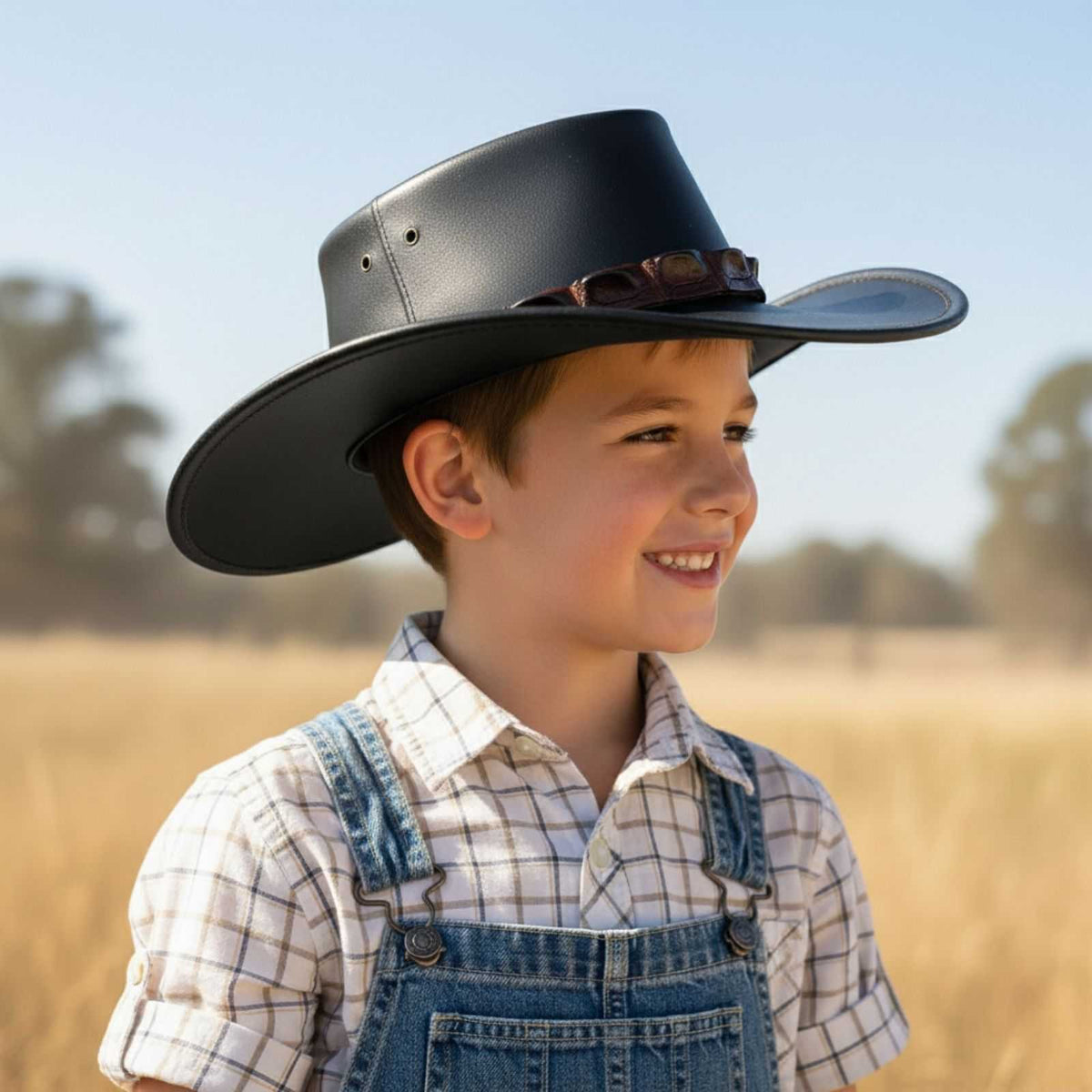 Jacaru 1301C Kids Leather Hat with Crocodile Hatband - Brown (Limited Edition Child 52cm Made in Australia)