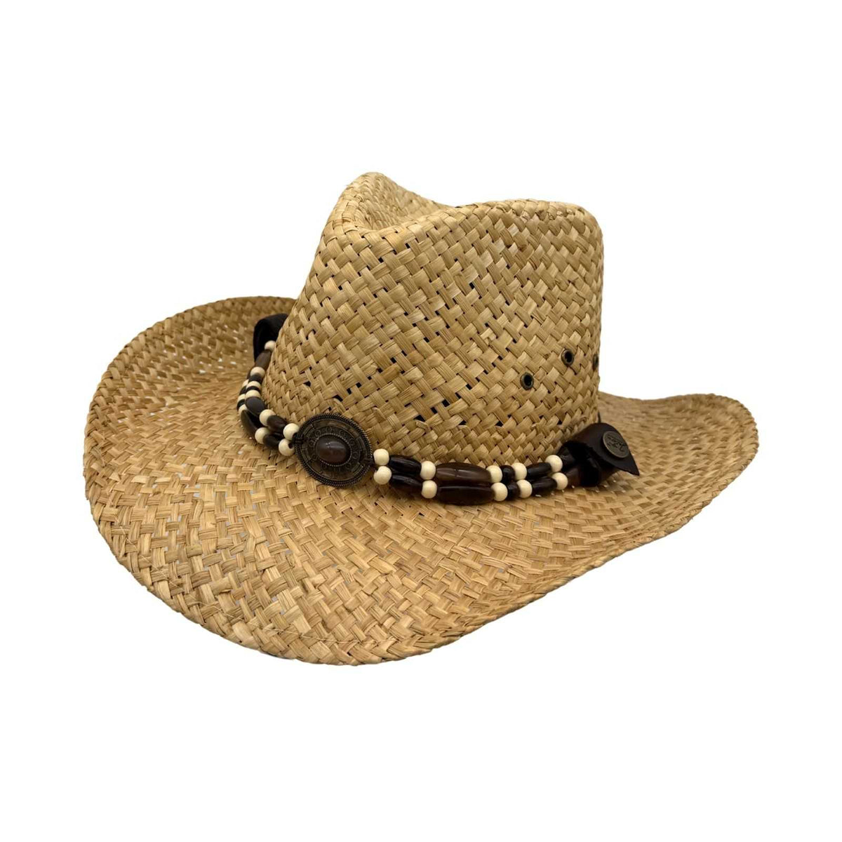 Jacaru 1818C Straw Cowboy Hat with Inca Beads Hatband - Natural (Vegan Friendly)
