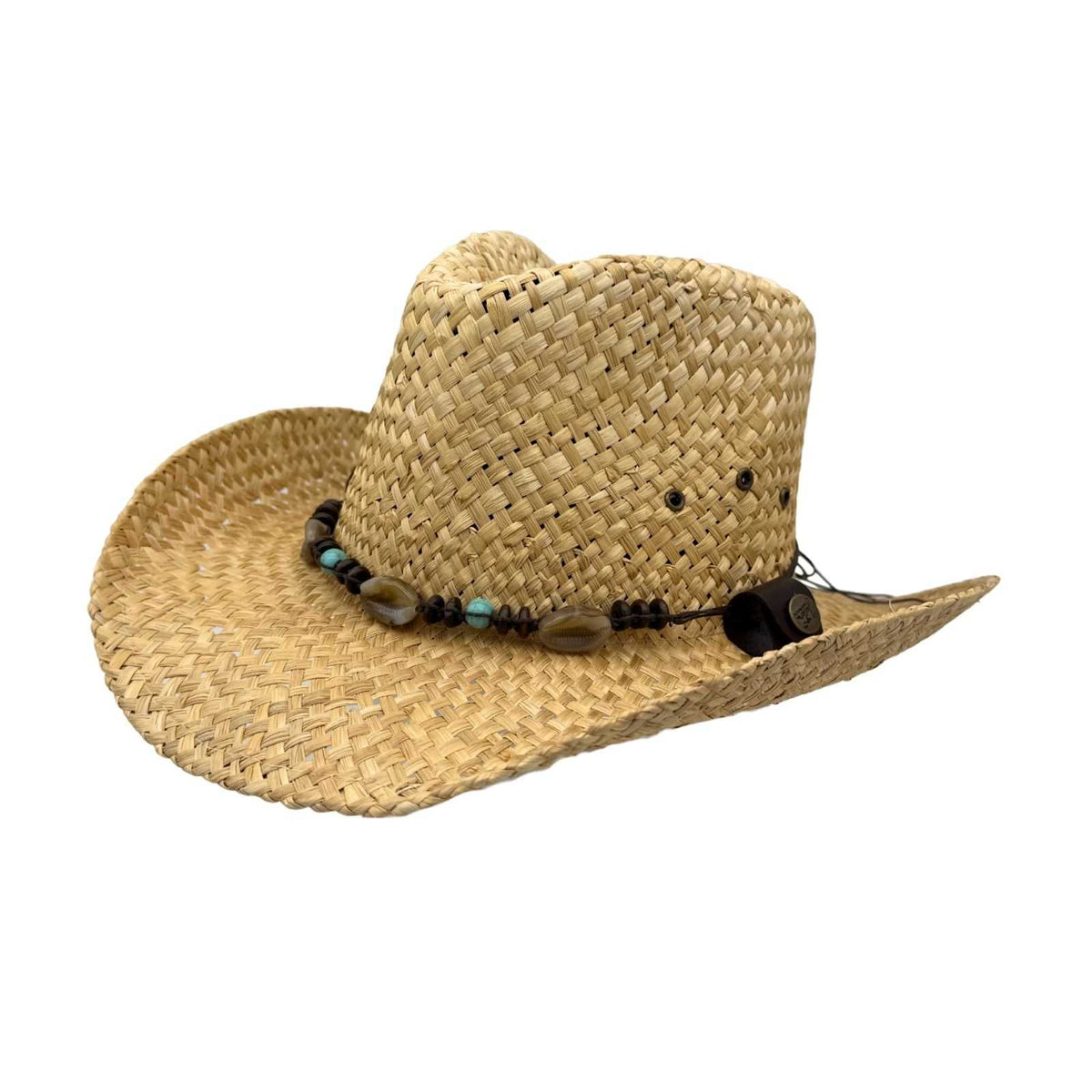 Jacaru 1818D Straw Cowboy Hat with Turquoise Beads Hatband - Natural (Vegan Friendly)
