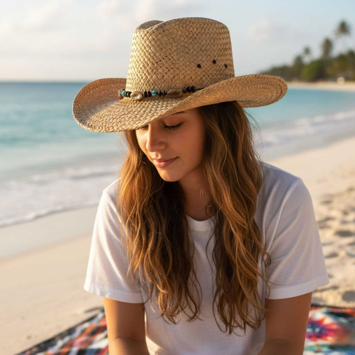 Jacaru 1818D Straw Cowboy Hat with Turquoise Beads Hatband - Natural (Vegan Friendly)
