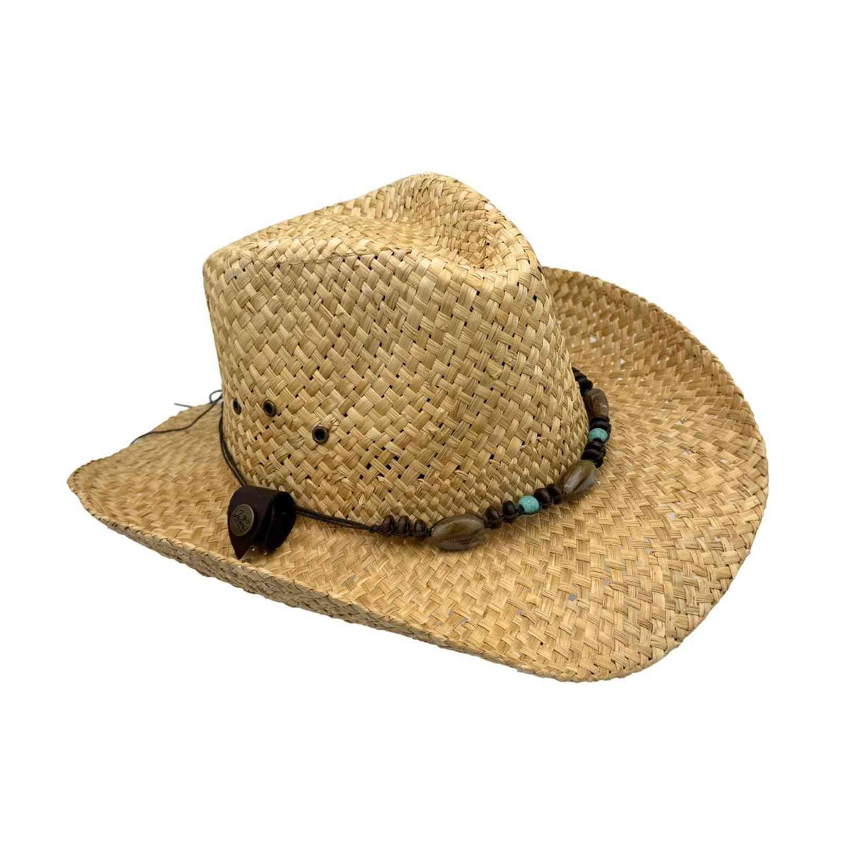 Jacaru 1818D Straw Cowboy Hat with Turquoise Beads Hatband - Natural (Vegan Friendly)