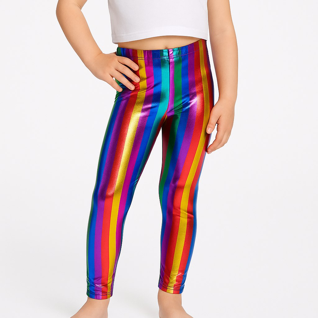 Kids Rainbow Metallic Leggings - Shiny Neon Pants for Childrens Dance Costume/80s Retro Party
