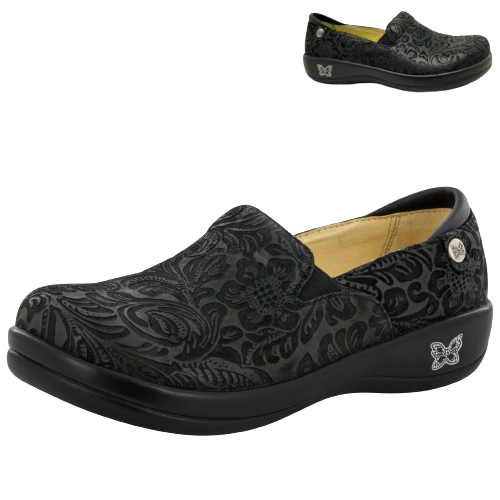 ALEGRIA Keli Nursing Shoes Slip On Womens Work Working Hospitality - Black Embossed Paisley