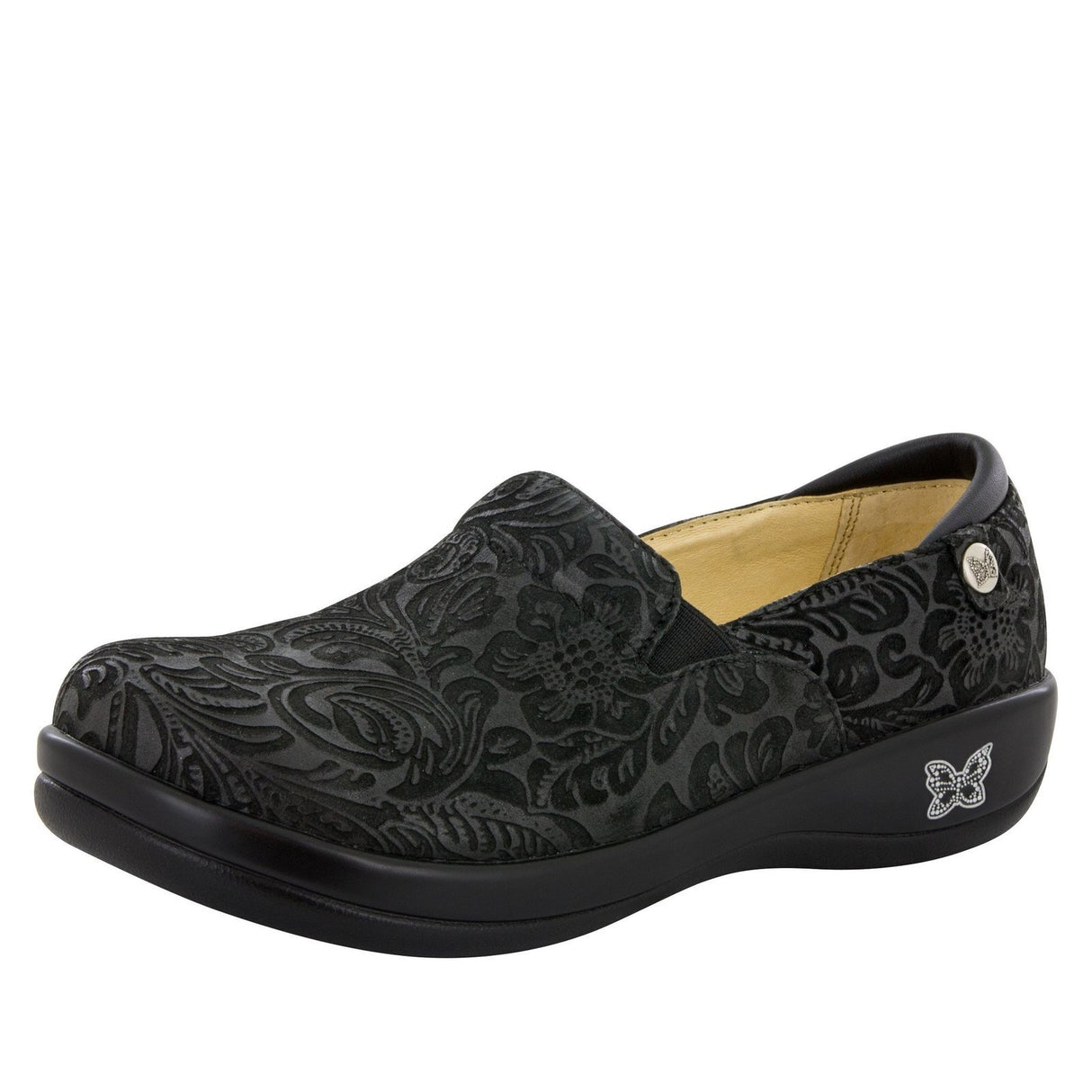 ALEGRIA Keli Nursing Shoes Slip On Womens Work Working Hospitality - Black Embossed Paisley