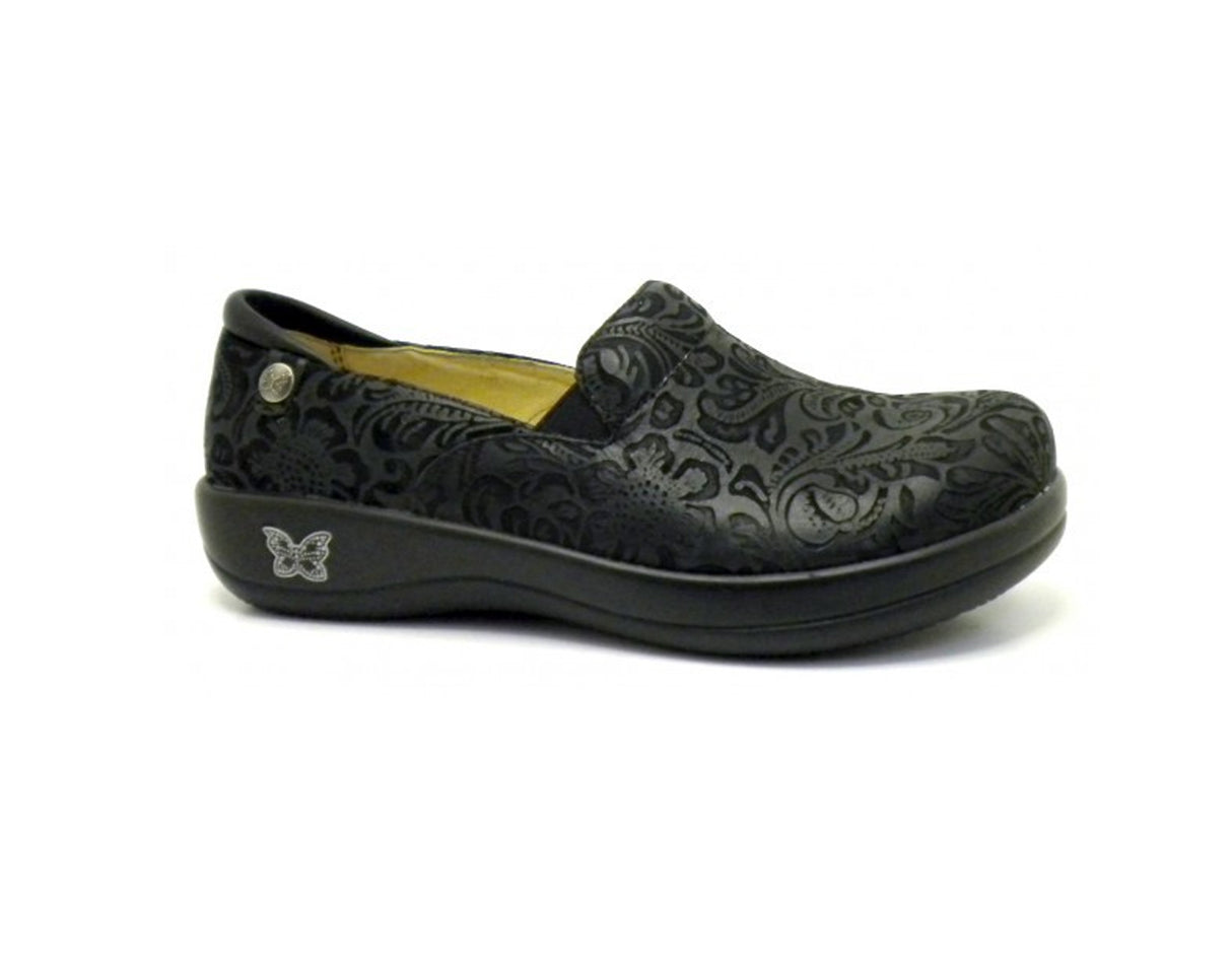 ALEGRIA Keli Nursing Shoes Slip On Womens Work Working Hospitality - Black Embossed Paisley