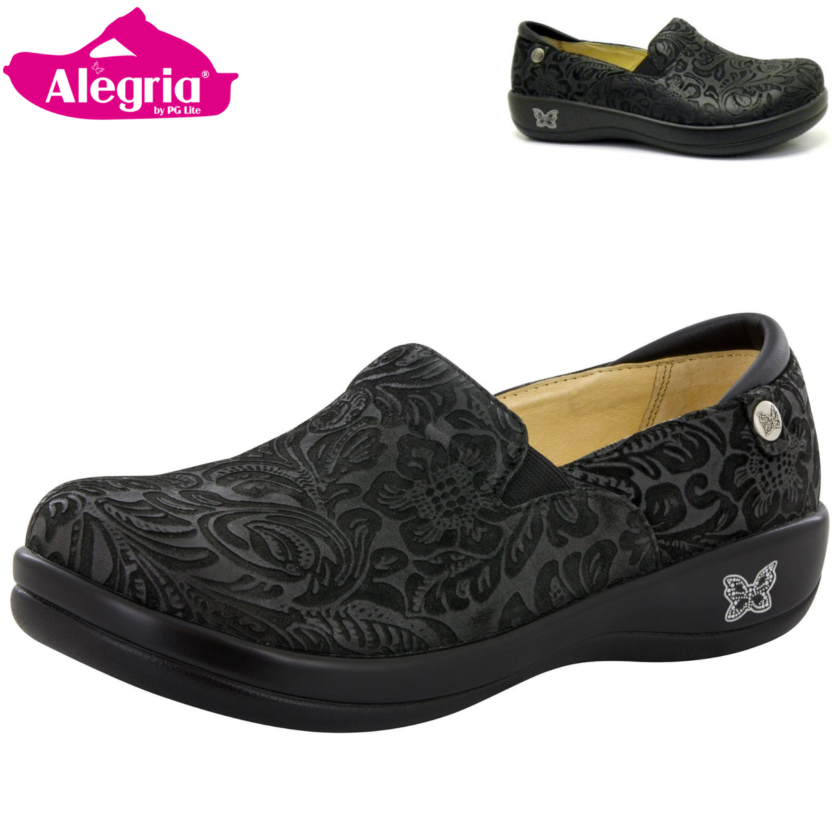 ALEGRIA Keli Nursing Shoes Slip On Womens Work Working Hospitality - Black Embossed Paisley