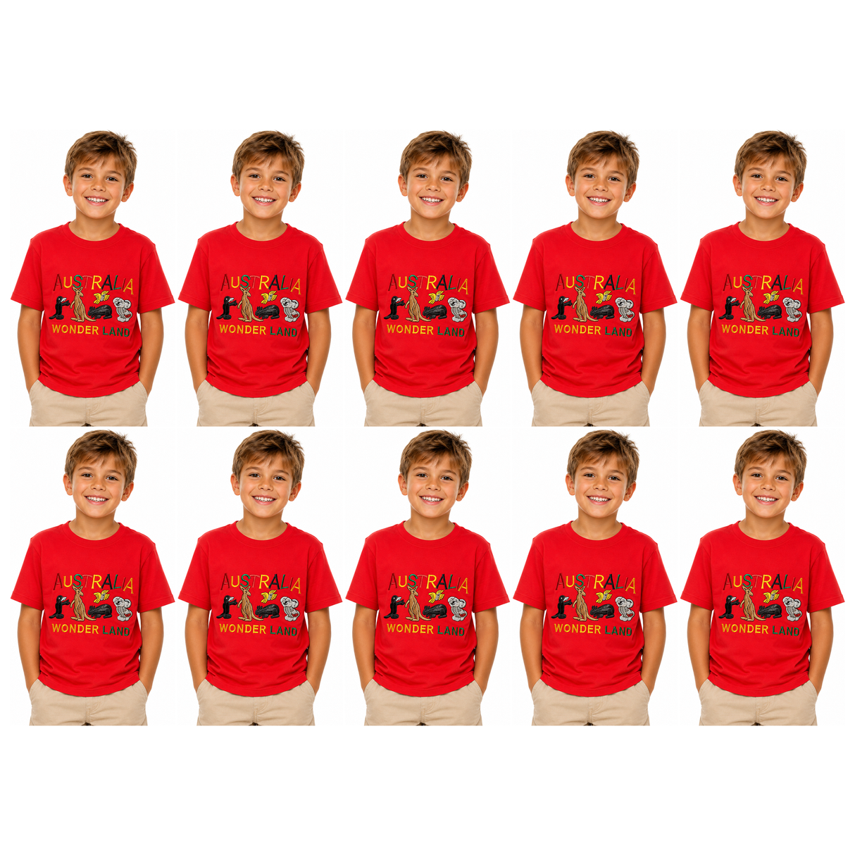 10x Kids Australian Animals T-Shirt Bulk Pack - Red (100% Cotton Childrens Souvenir Gift Top)