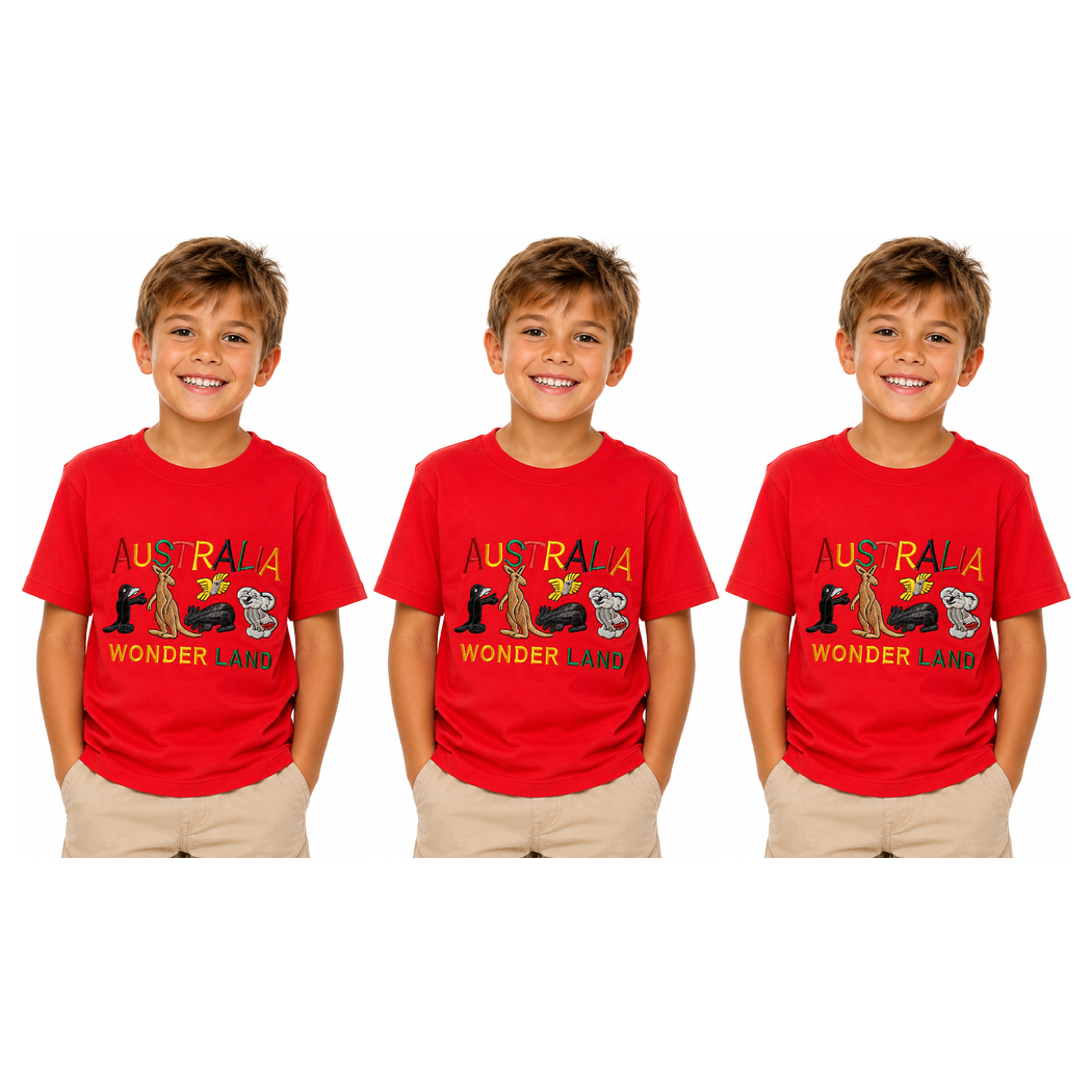 3x Kids Australian Animals T-Shirt Pack - Red (100% Cotton Childrens Souvenir Gift Top)