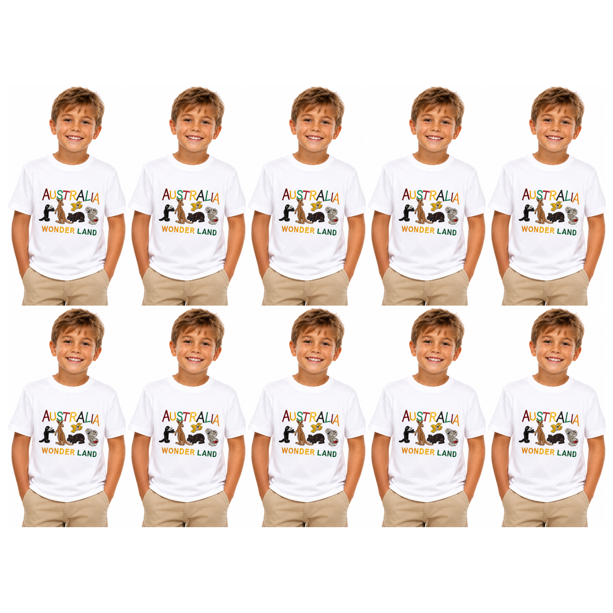 10x Kids Australian Animals T-Shirt Bulk Pack - White (100% Cotton Childrens Souvenir Gift Top)