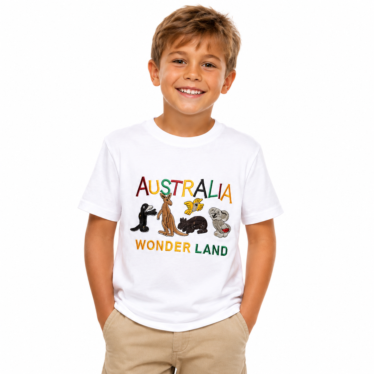 Kids Australian Animals T-Shirt - White (100% Cotton Childrens Souvenir Gift Top)