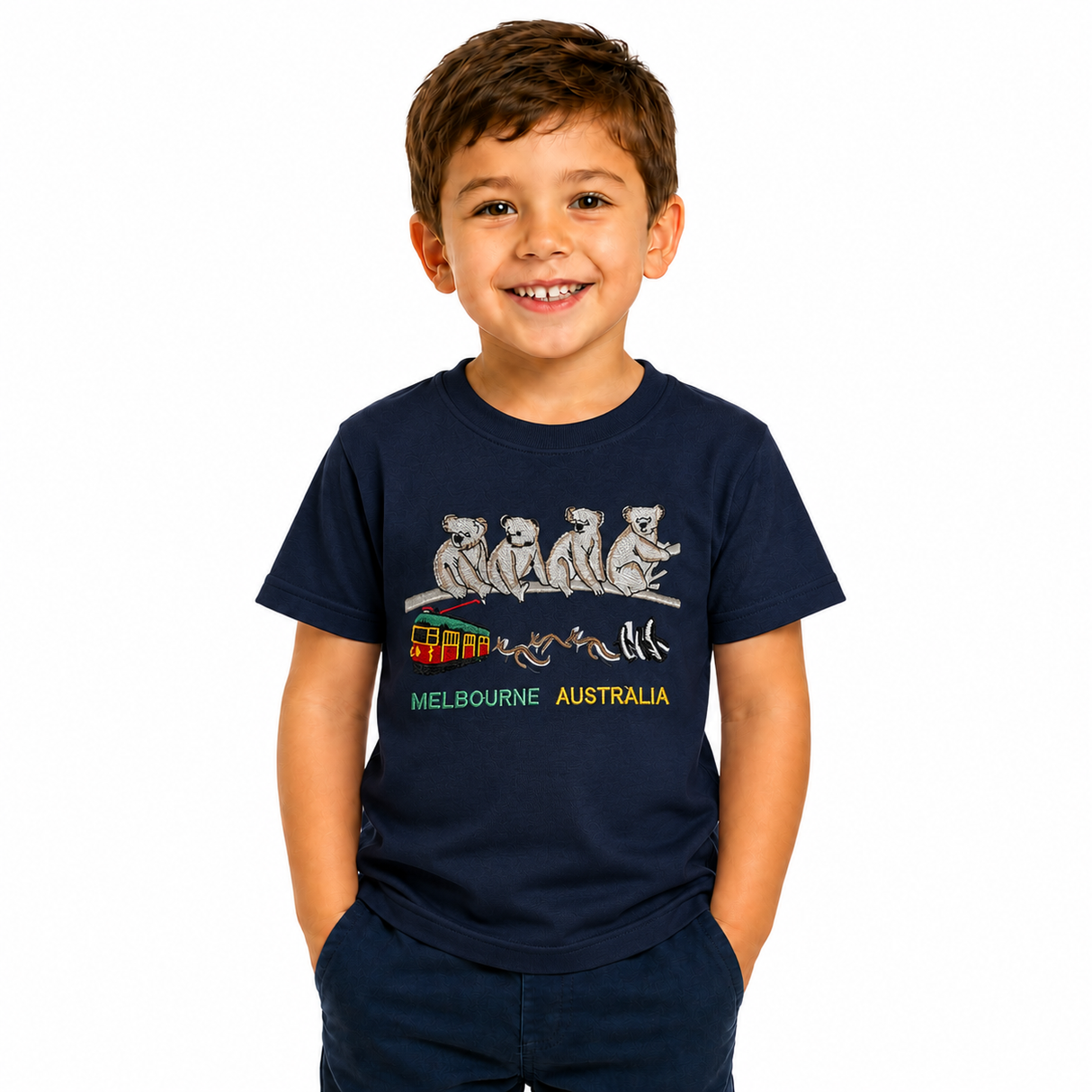 Kids 100% Cotton Australian (Melbourne) Koala T-Shirt Top Tee in Navy - 14