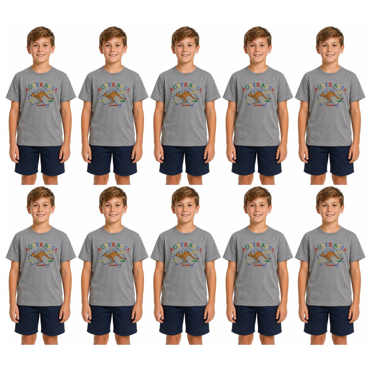 10x Kids Kangaroo Australia T-Shirt Bulk Pack - Grey (100% Cotton Childrens Souvenir Gift Top)