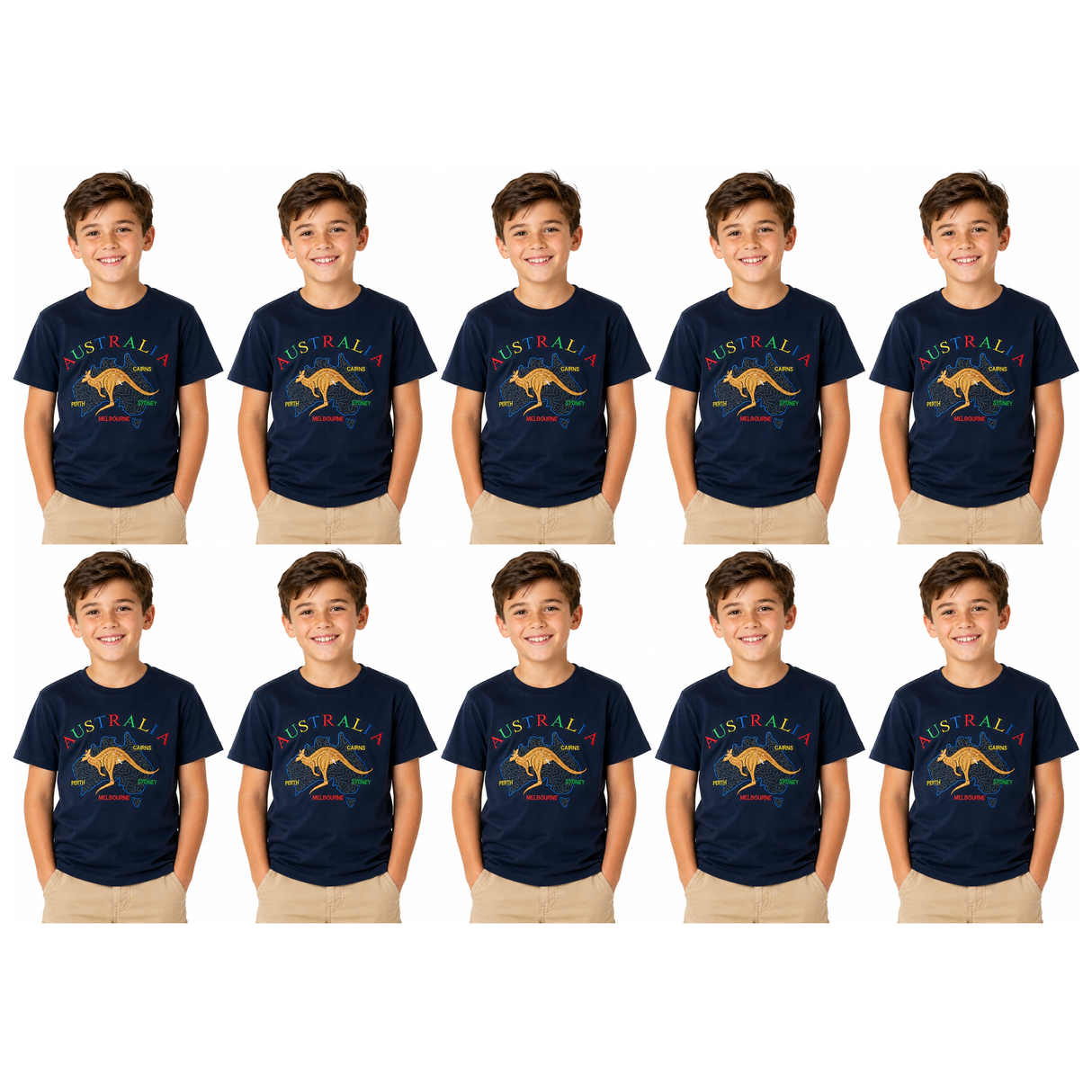 10x Kids Kangaroo Australia T-Shirt Bulk Pack - Navy Blue (100% Cotton Childrens Souvenir Gift Top)