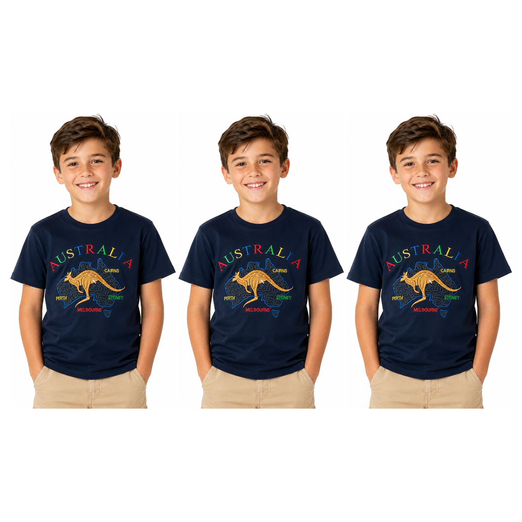 3x Kids Kangaroo Australia T-Shirt Pack - Navy Blue (100% Cotton Childrens Souvenir Gift Top)