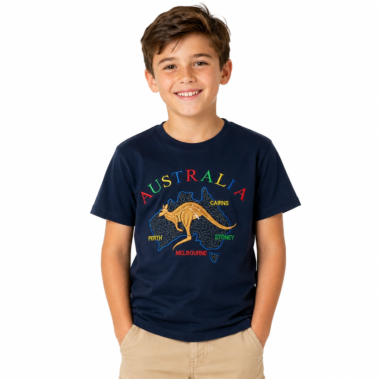 Kids Kangaroo Australia T-Shirt - Navy Blue (100% Cotton Childrens Souvenir Gift Top)