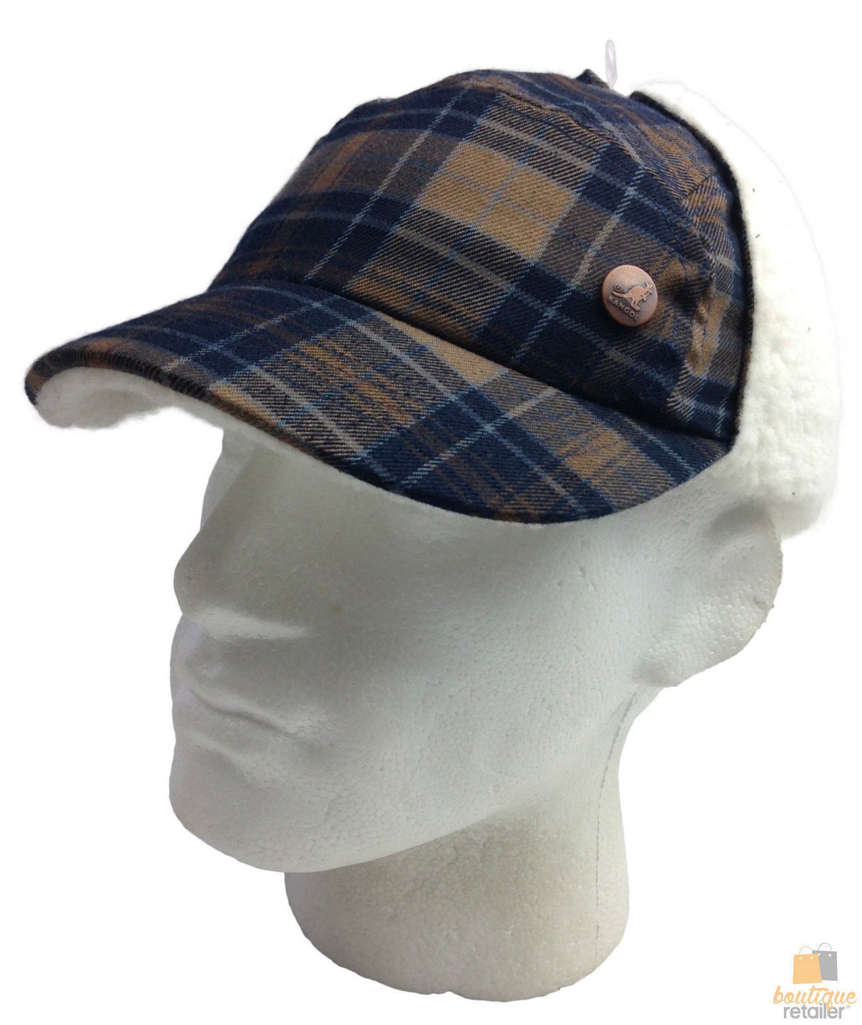 KANGOL Plaid Supre Ushanka Trapper Hat - Navy/Khaki (Sherpa Lined Cap w/ Ear Flaps)