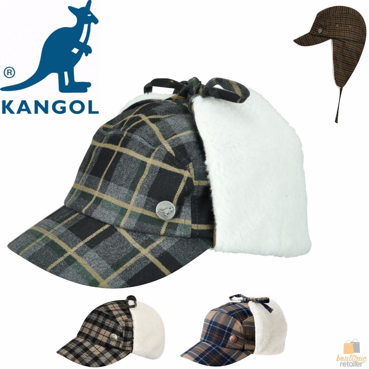 KANGOL Plaid Supre Ushanka Sherpa Chullo Lined Hat Warm Winter Ear Trapper Flying - Grey/Black