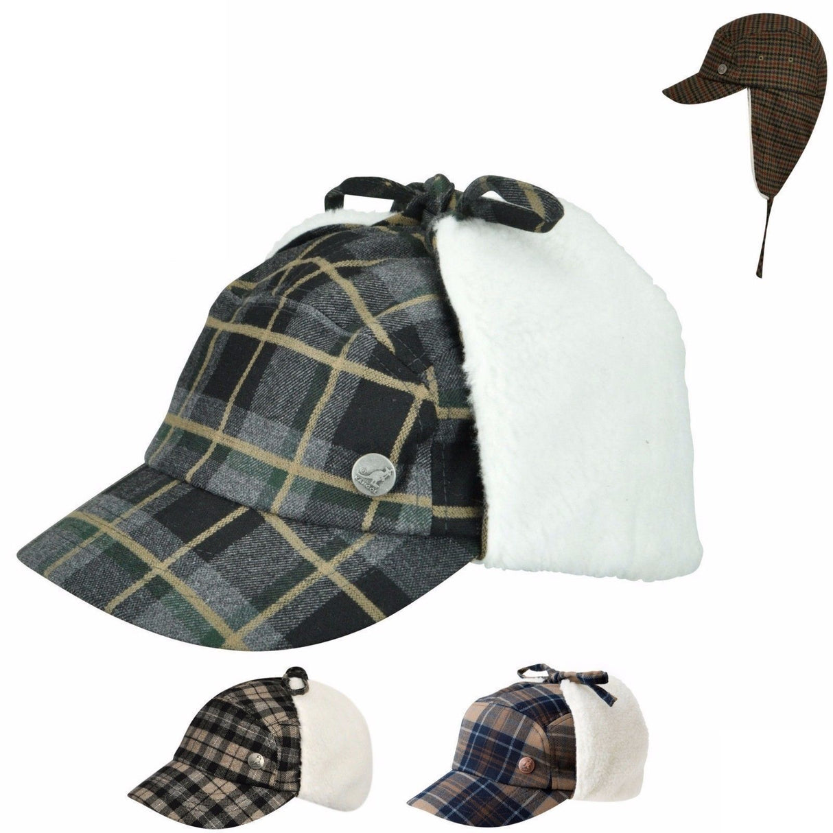 KANGOL Plaid Supre Ushanka Sherpa Chullo Lined Hat Warm Winter Ear Trapper Flying - Black/Grey