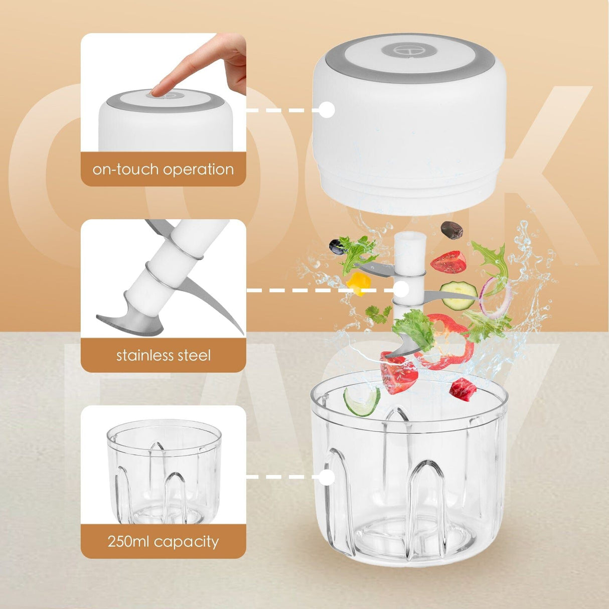 Mini Food Processor 250ml Cordless Portable USB Rechargeable Chopper