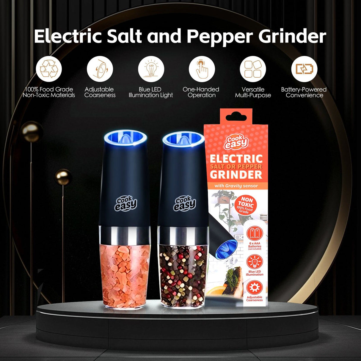 Cook Easy 2 pack Electric Salt and Pepper Spice Grinder With Gravity Sensor