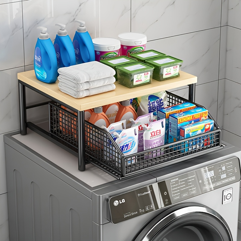 Kitchen Countertop Storage Organiser w/ Shelving Rack - Matte Black/Wood (Microwave Stand)