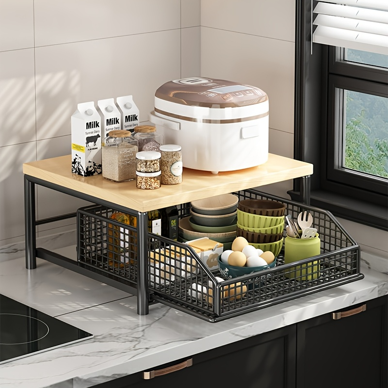 Kitchen Countertop Storage Organiser w/ Shelving Rack - Matte Black/Wood (Microwave Stand)