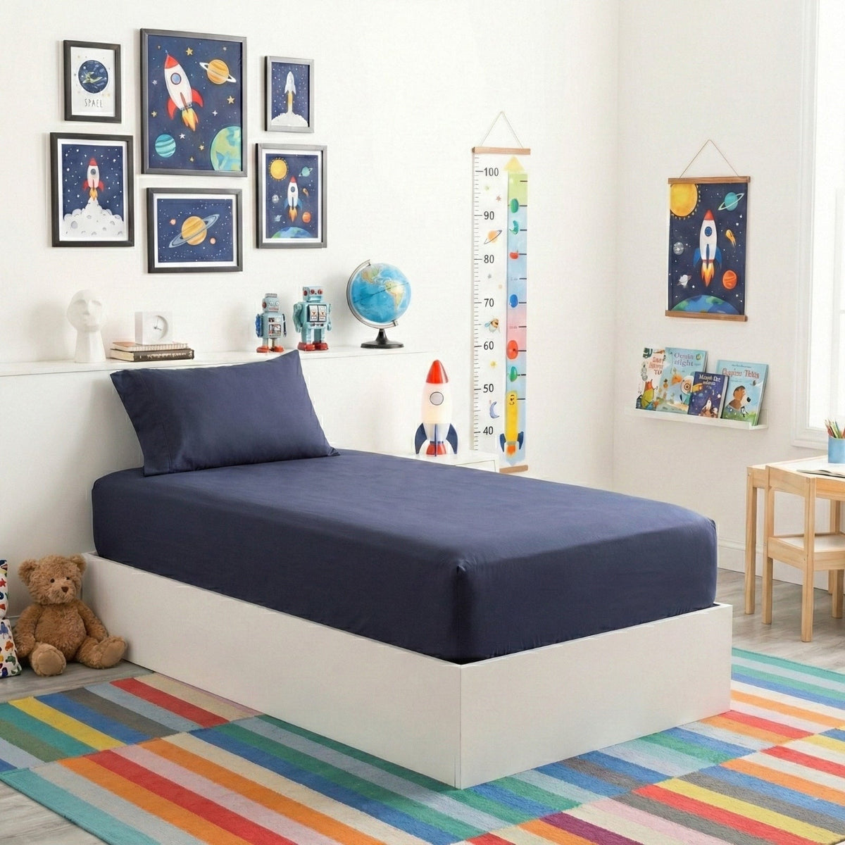 Park Avenue 500TC Natural Bamboo Cotton Kids Fitted Sheet & Pillowcase Set - Indigo (Anti-Wrinkle Satin Finish)