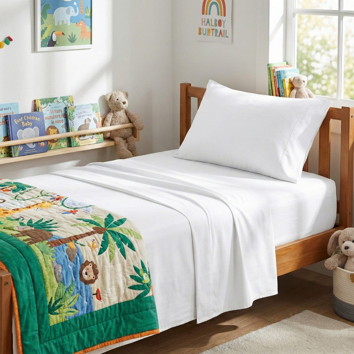 Park Avenue 500TC Natural Bamboo Cotton Kids Bed Sheet Set - White (Anti-Wrinkle Satin Finish)