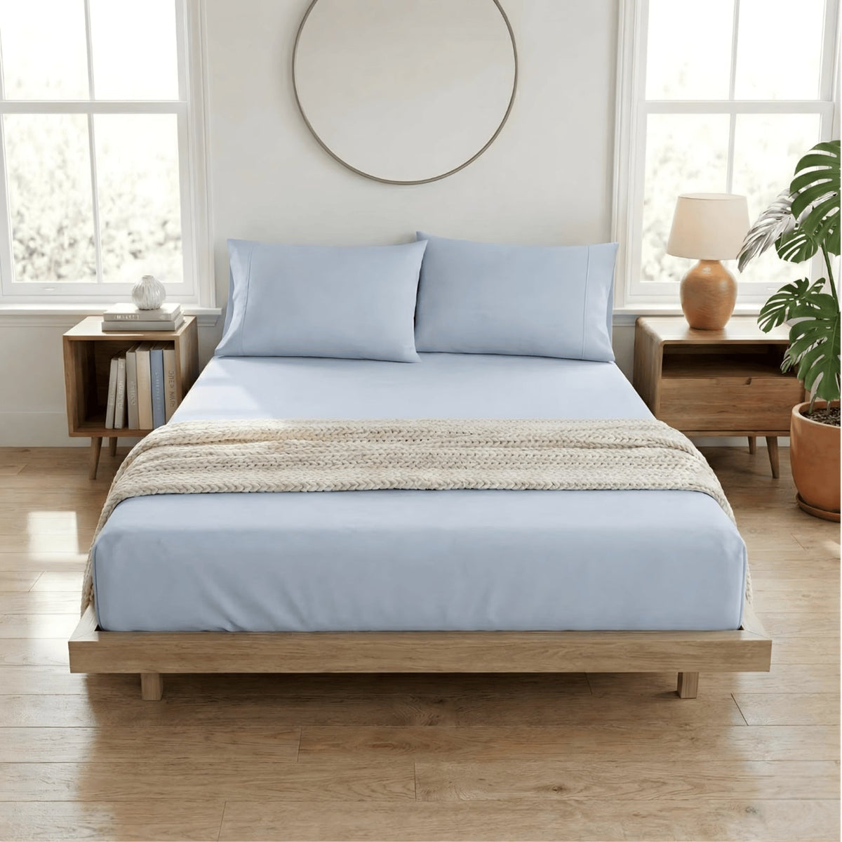Renee Taylor 300TC Organic Cotton Kids Fitted Sheet & Pillowcase Set - Baby Blue (GOTS Certified)