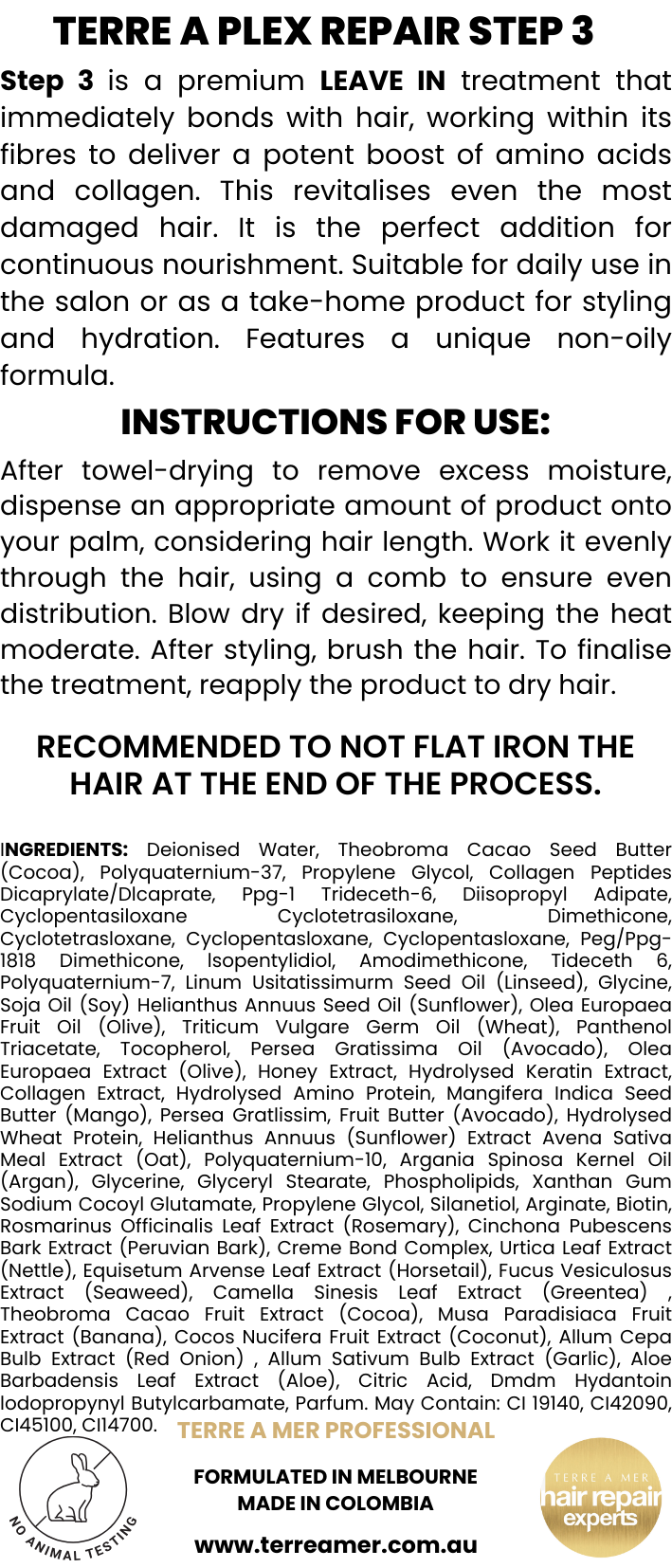terreamer Plex Repair Step 3 240ml - Leave-In Hair Bond Treatment (Amino Acids & Collagen)