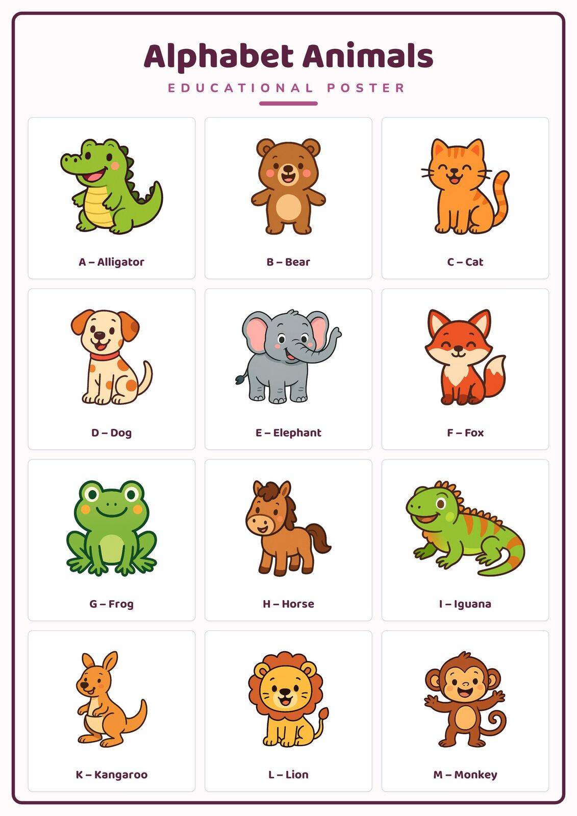 Alphabet Animals A-Z: A4 Matte Laminated Educational Poster Print - 210x297mm