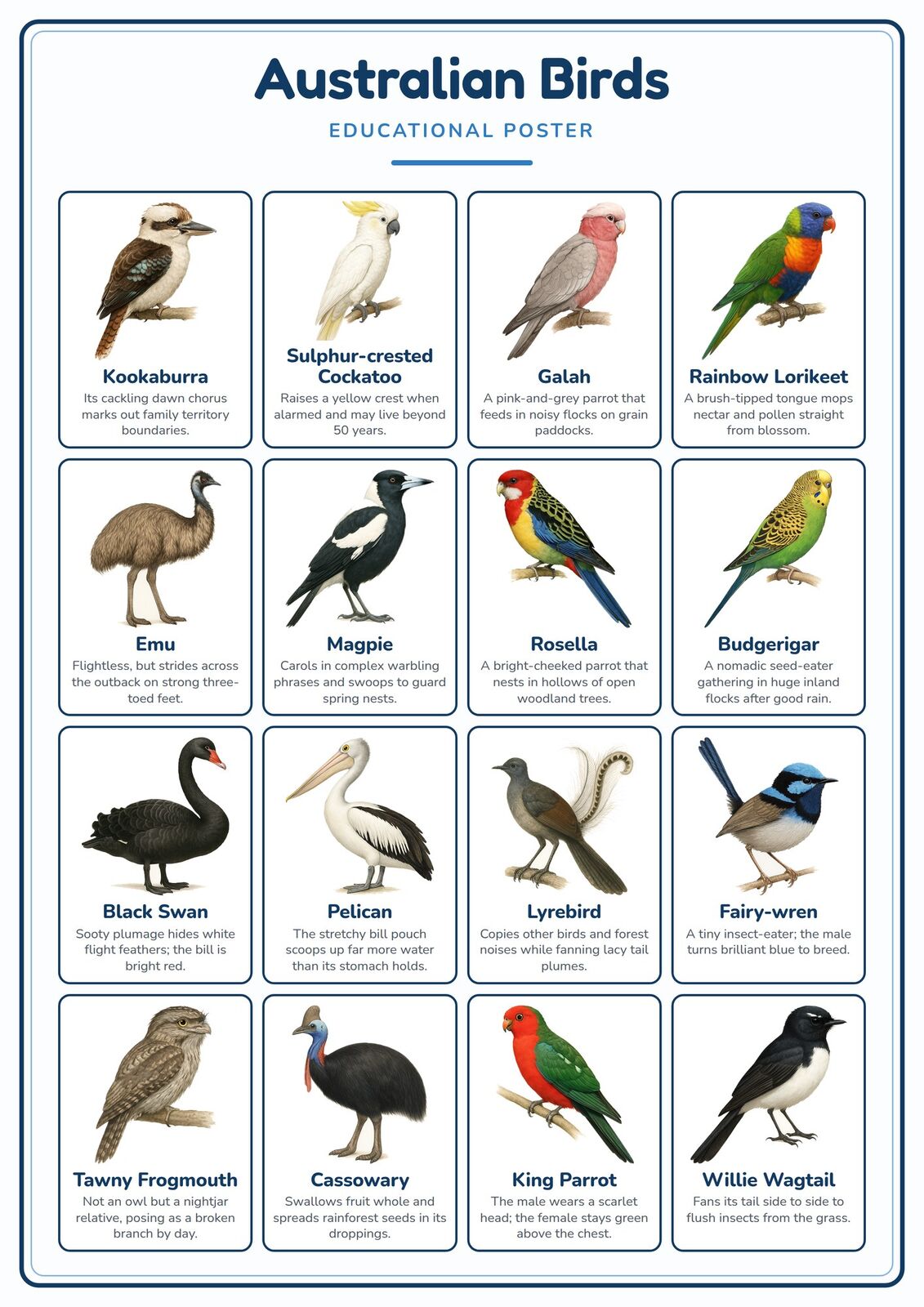 Australian Birds: A4 Matte Laminated Educational Poster Print - 210x297mm