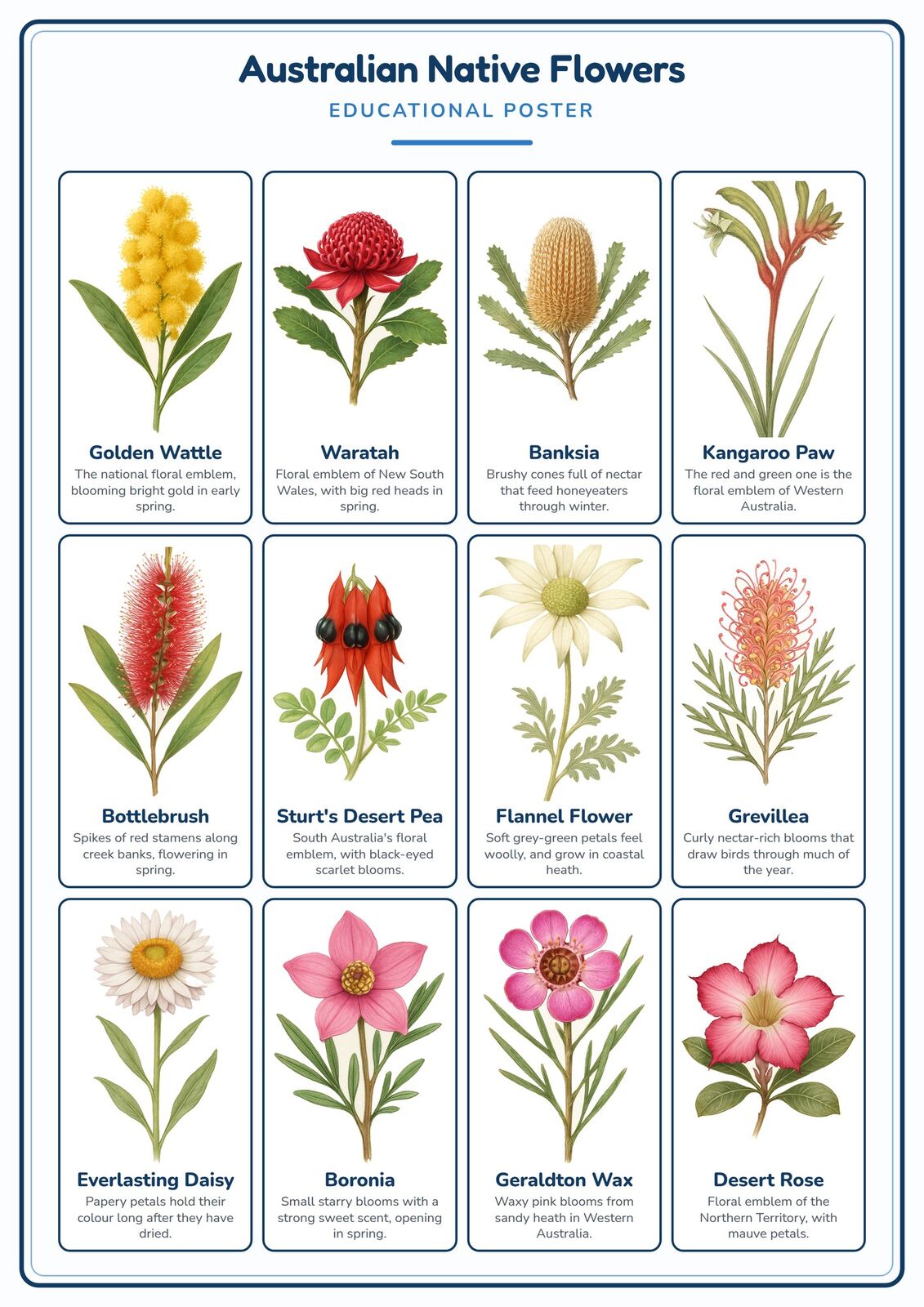 Australian Native Flowers: A4 Matte Laminated Educational Poster Print - 210x297mm