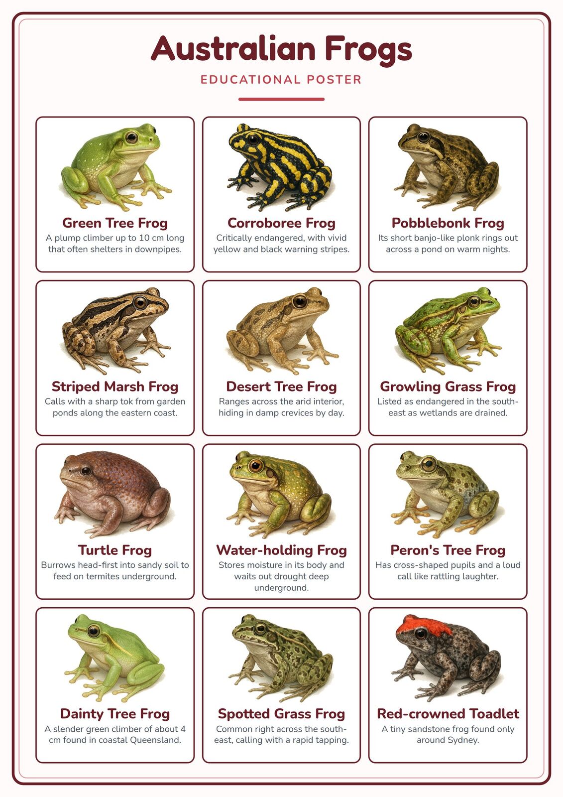 Australian Frogs: A4 Matte Laminated Educational Poster Print - 210x297mm