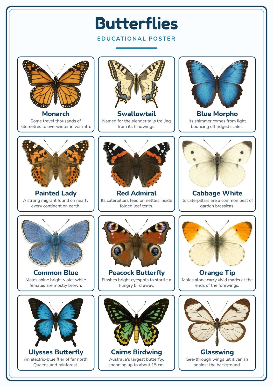 Butterflies: A4 Matte Laminated Educational Poster Print - 210x297mm