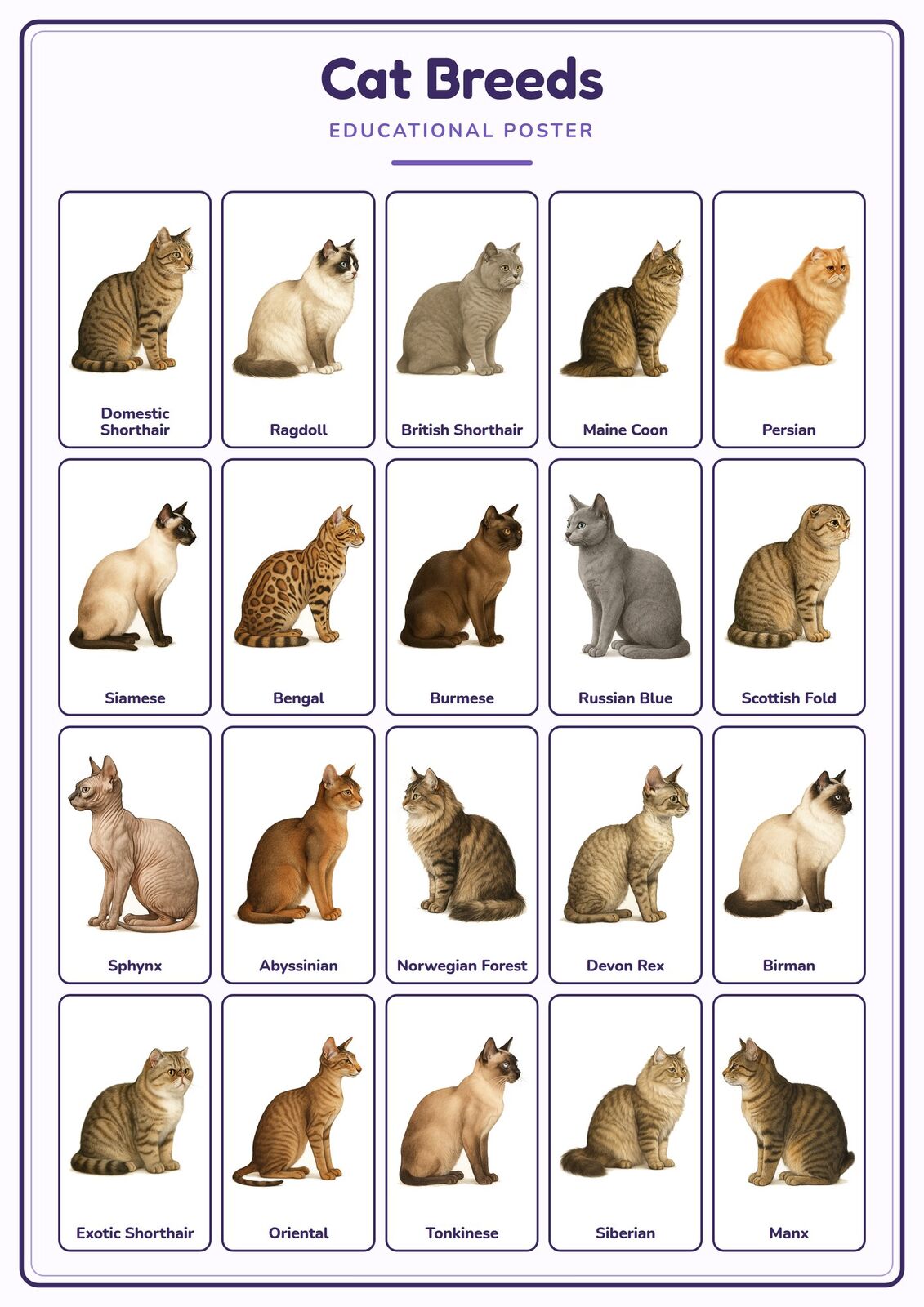 Cat Breeds: A4 Matte Laminated Educational Poster Print - 210x297mm