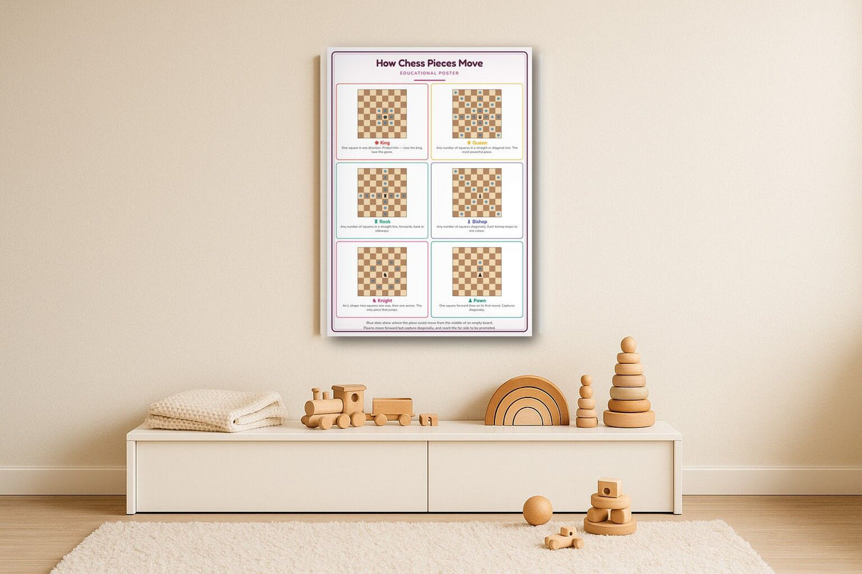 How Chess Pieces Move: A4 Matte Laminated Educational Poster Print - 210x297mm